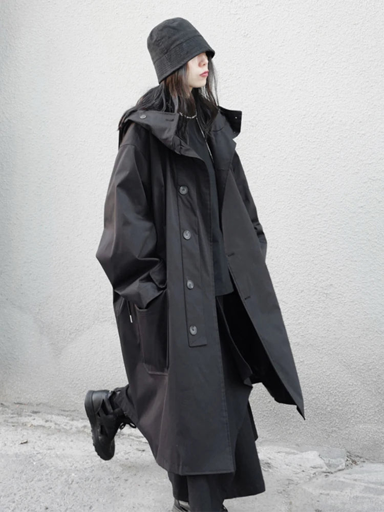 Lautaro Spring Autumn Long Oversized Black Trench Coat with Hood  Dark Academia Aesthetic Luxury Designer Clothes for Women 2022