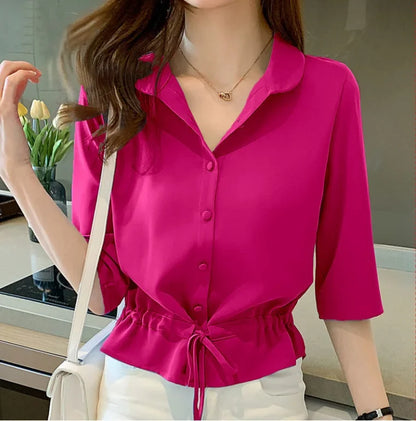 Summer Women All-match Solid Turn-down Collar Half Sleeve Chiffon Shirt Fashion Casual Shirring Single-breasted Blouses Female