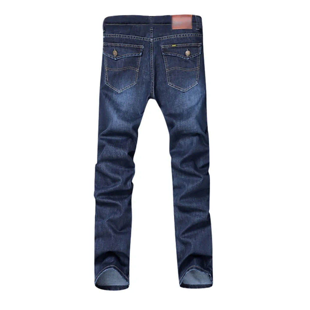 Men's Classic Straight Denim Pants Spring Summer Fashion Deep Blue Button High Waist Daily Work Wear Jeans Long Trousers