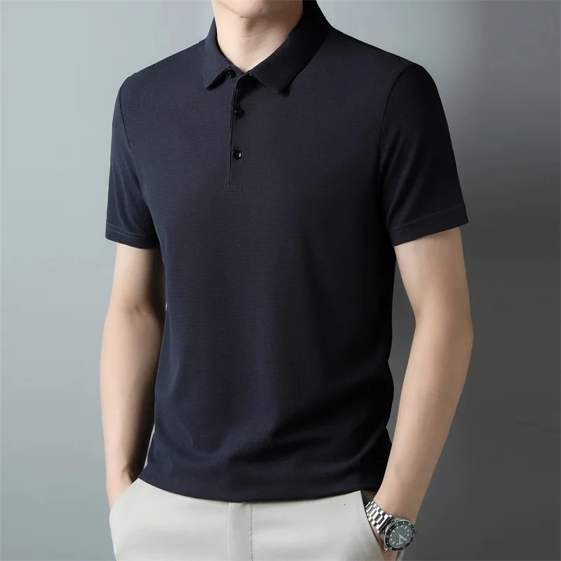 Men's Fashion Waffle Solid Short Sleeved Polo Shirt Summer Breathable Comfortable Top