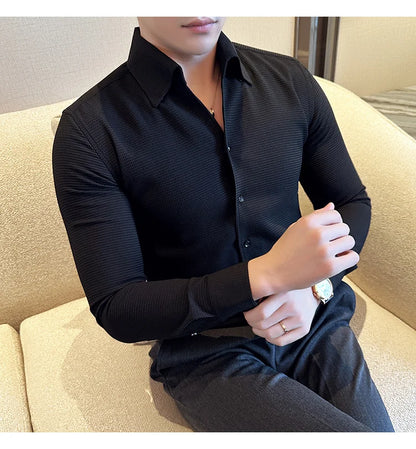 Autumn Solid Color Waffle Shirt Men Slim Fit V Neck Long Sleeve Casual Business Formal Dress Shirts Social Party Streetwear 4XL