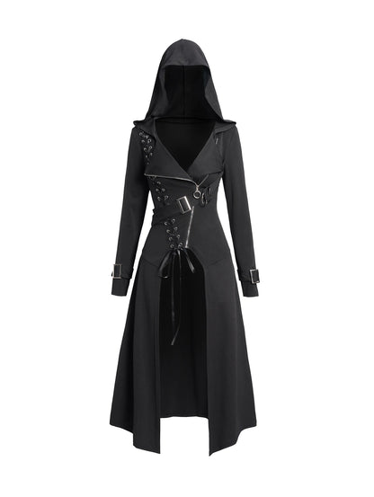 Women's Trench Coat Punk Gothic Hooded Coat Plain Color Lace Up Zip Coat Long Sleeve Fall Winter Longline Outwear пальто женское