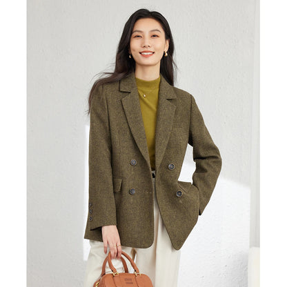 VIMLY Women's Simple Wool Blend Blazer Autumn Winter Lapel Collar Woolen Coat Suit Jacket Office Lady New Casual Outerwear