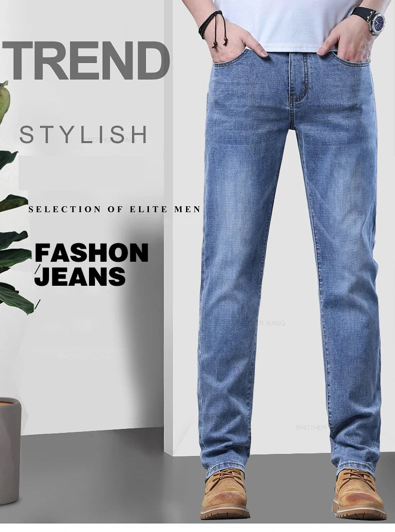 Spring Men's Light Blue Slim Jeans Stylish Casual Stretch Fabric Denim Pants Classic Trousers Smoke Gray