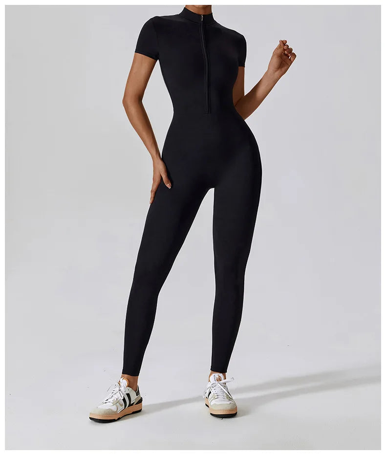 Yoga Set Women's Jumpsuits One-Piece Suit Zipper Short Sleeve Gym Push Up Workout Clothes Fitness Bodysuit Sportswear Tracksuit