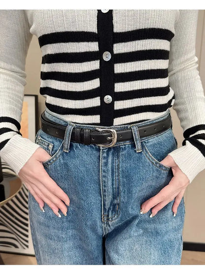 1pcs Women's Belt Fashion Pin Buckle Thin Belt Genuine Luxury Soft Belt Women with Cargo Pants Jeans Belts Black PU Leather Belt