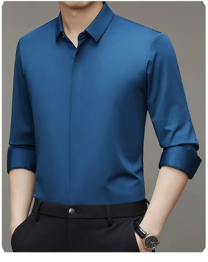 High end Mulberry Silk Shirts Business Men Non Iron Button Invisible Elastic Tops Luxurious Male Long Sleeve Quality Dress Shirt