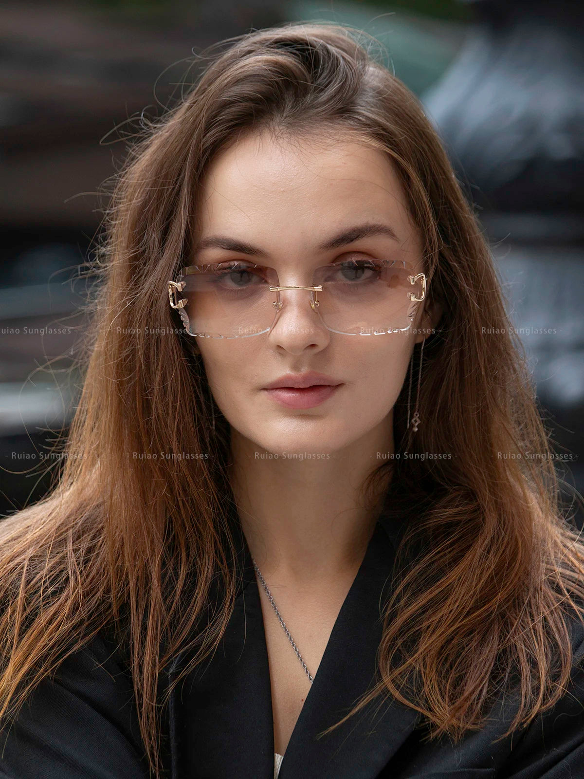 Ruiao Luxury high quality rimless diamond cut nylon lens UV400 Sunglasses fashion square metal legs glasses for men women