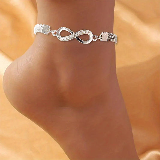 Charm Shiny Infinity 8-character Anklet for Women Silver Color Rhinestone Vintage Metal Ankle Bracelet Sparkly Foot Jewelry