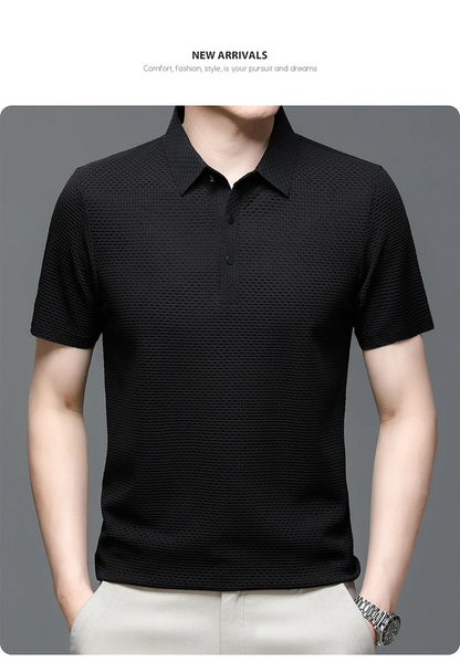 Asian Sizes Summer New Men's Lop-up Hollow Short-sleeved Polo Shirt Ice Silk