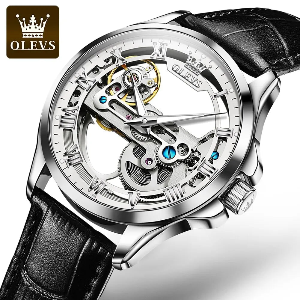 OLEVS Luxury Men Watches Automatic Mechanical Wristwatch Skeleton Design Waterproof Leather Strap Male Watch Reloj Hombre