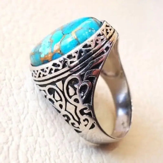 1 Pc Vintage Pattern Imitation Turquoise Antique Silver Color Ring Men Woman Party Prom Gift Size 6-10 Closed Ring Jewelry