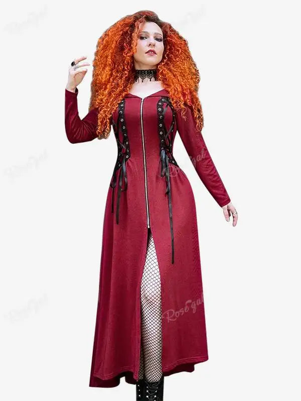 ROSEGAL Plus Size Hooded Lace Up Zipper Trench Coat Women Autumn Winter High Low Maxi Outwears Black Red Longline Hoodies Tops