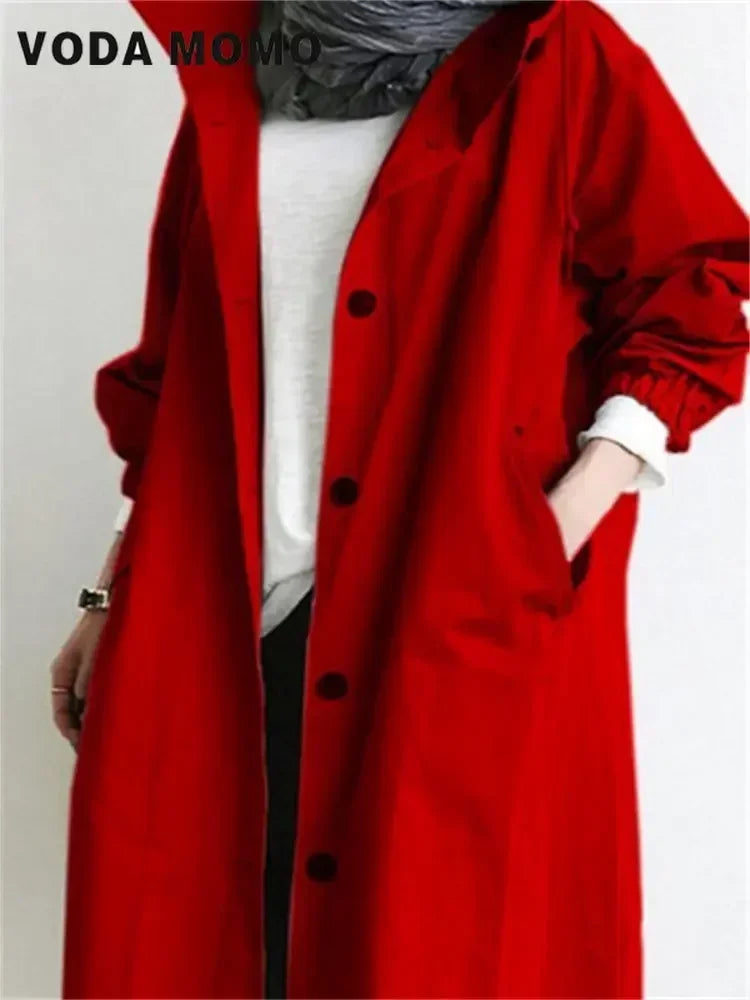 2025 Spring Autumn Casual Korean Fashion Hooded Medium Long Overcoat Loose Windproof Coat Women Trench Coat Solid Color Pocket