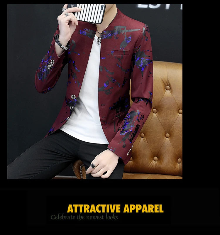 Men's Printed Small Suit Male Korean Version of The Self-cultivation Stand-up Collar Chinese Tunic Casual Suit Thin Jacket Youth