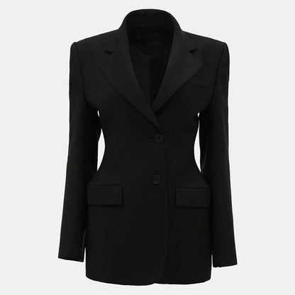 Elegant Suit Collar Shoulder Pads Blazer Women Slim Fit Single Breasted Long Sleeved Jackets Female 2025 Spring High Street Tops