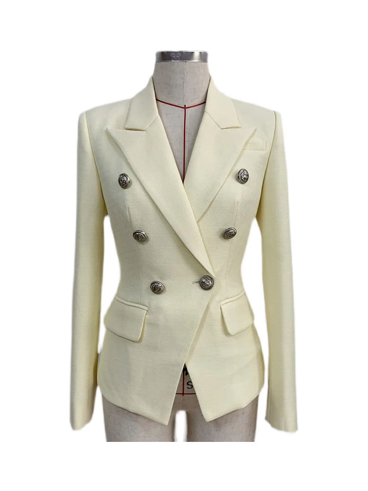 HIGH STREET Newest 2025 Classic Designer Blazer Women's Lion Buttons Double Breasted Slim Fit Textured Blazer Pastel yellow