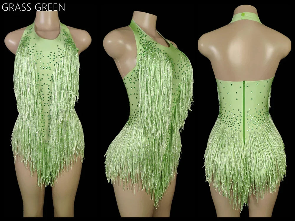 Sparkly Crystals Fringes Bodysuit Sexy Tassel Leotard Jazz Dance Costume One-piece Stage Wear Dancer Performance Show Clothing