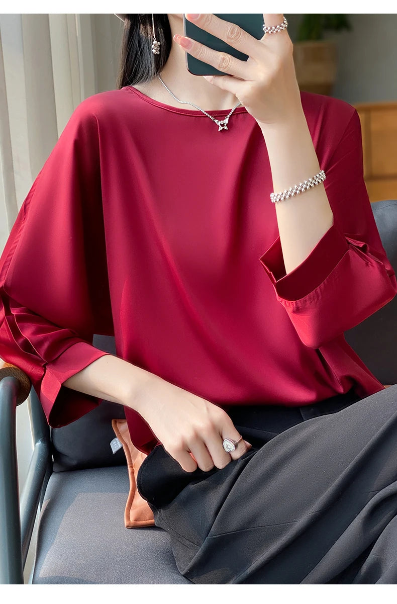 New Acetic Satin Nine-Sleeve T-shirt in Summer Women's Round Neck Loose Large Size Wide Sleeves Outside