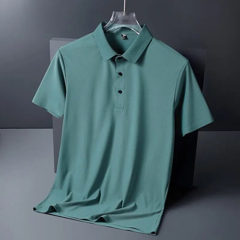 Golf Solid Ice Silk Traceless Silk Loose Polo Shirt Short Sleeve T-shirt Men's Elastic Ironless Thin Polo Neck Light Luxury