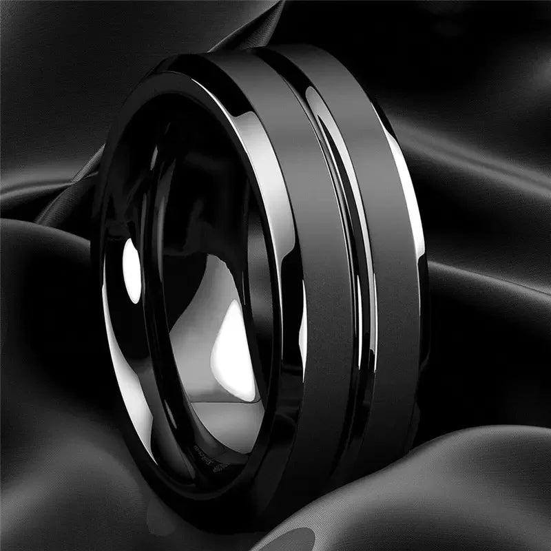 8mm Stainless Steel Men Rings Wholesale Black Groove Matte Wedding Engagement Party Gift Anniversary Rings For Women Jewelry