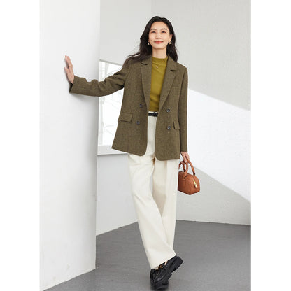 VIMLY Women's Simple Wool Blend Blazer Autumn Winter Lapel Collar Woolen Coat Suit Jacket Office Lady New Casual Outerwear