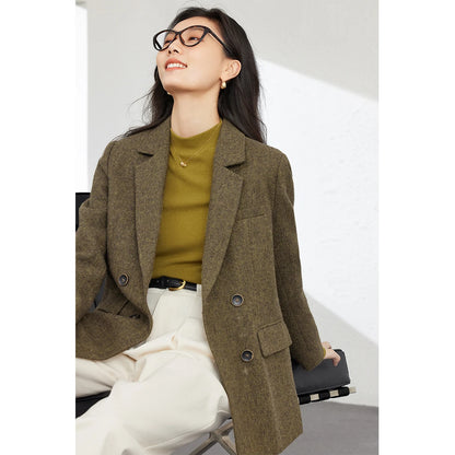 VIMLY Women's Simple Wool Blend Blazer Autumn Winter Lapel Collar Woolen Coat Suit Jacket Office Lady New Casual Outerwear