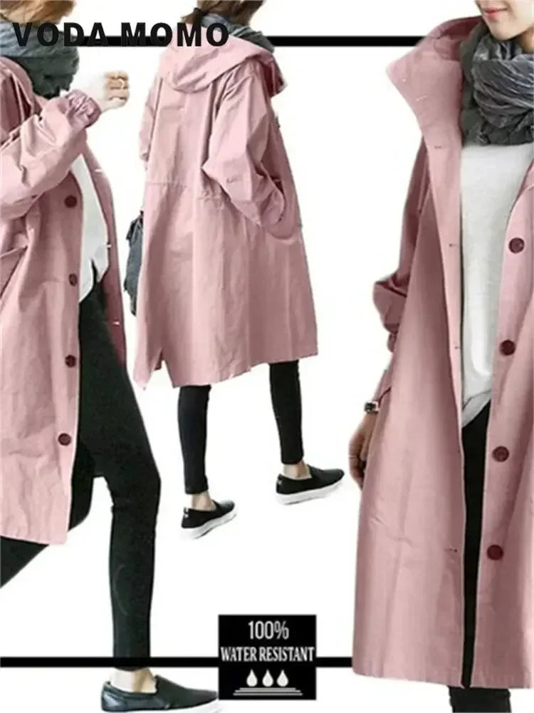 2025 Spring Autumn Casual Korean Fashion Hooded Medium Long Overcoat Loose Windproof Coat Women Trench Coat Solid Color Pocket