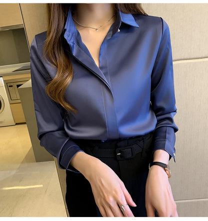 Satin Women Shirt Vintage Long Sleeve Blouse Women Silk Elegant Womens Tops Commuting Luxury White Shirt Autumn Female Clothing