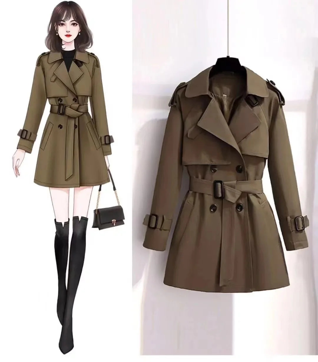 2025 Autumn Winter Elegant Women Double Breasted Solid Trench Coat 100% Cotton Vintage Turn-Down Collar Loose Trench with Belt