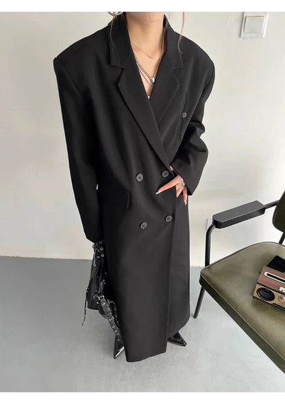 Lautaro Spring Autumn Long Grey Black Trench Coat for Women Double Breasted Loose Casual Korean Fashion Clothing Blazer 2025