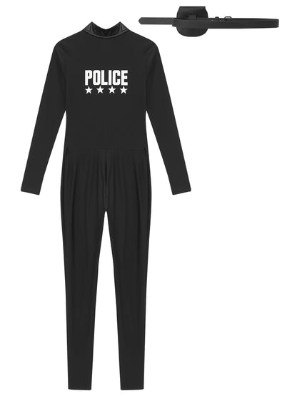 Women Police Cosplay Costume Long Sleeve Zip Up Overall Jumpsuit with Bag Belt Career Theme Party Rave Dance Bodysuits