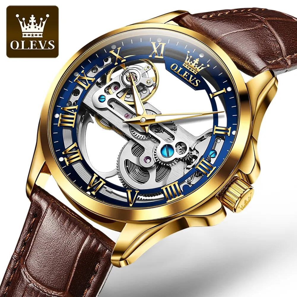 OLEVS Luxury Men Watches Automatic Mechanical Wristwatch Skeleton Design Waterproof Leather Strap Male Watch Reloj Hombre