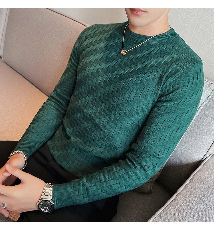 2025 Stretchable Jacquard Woven Winter Crew Neck Sweater Men's Slim Fit Pullover Knitwear Blue, Fashionable Check Pattern