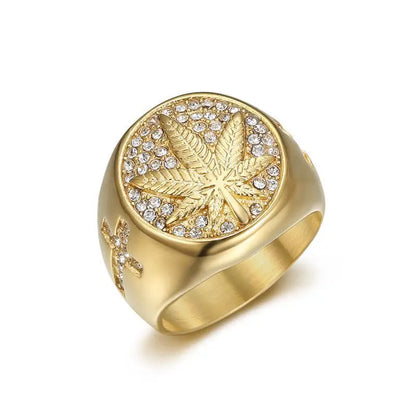 Hip hop micropaved zircon maple leaf signet ring classic men's rock punk casual jewelry