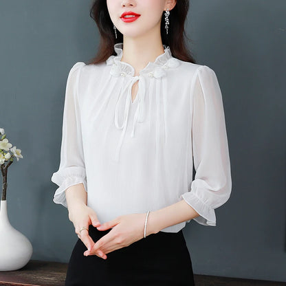 M-4XL Spring Summer Women Tops 2025 New Fashion Chiffon Blouse Petal Collar Half Sleeve Bow tie Loose Casual Shirt