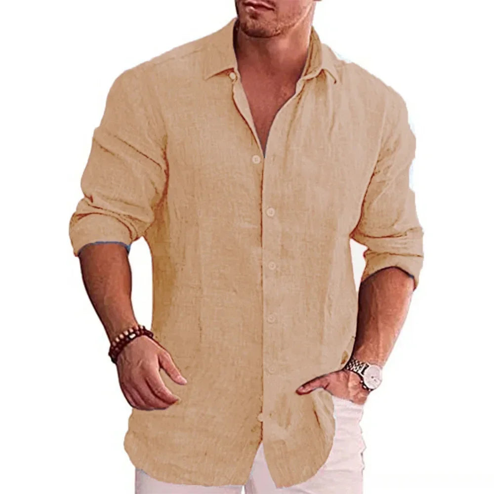 New men's cotton linen autumn hot long-sleeved shirt solid colour versatile casual resort style men's shirt tops