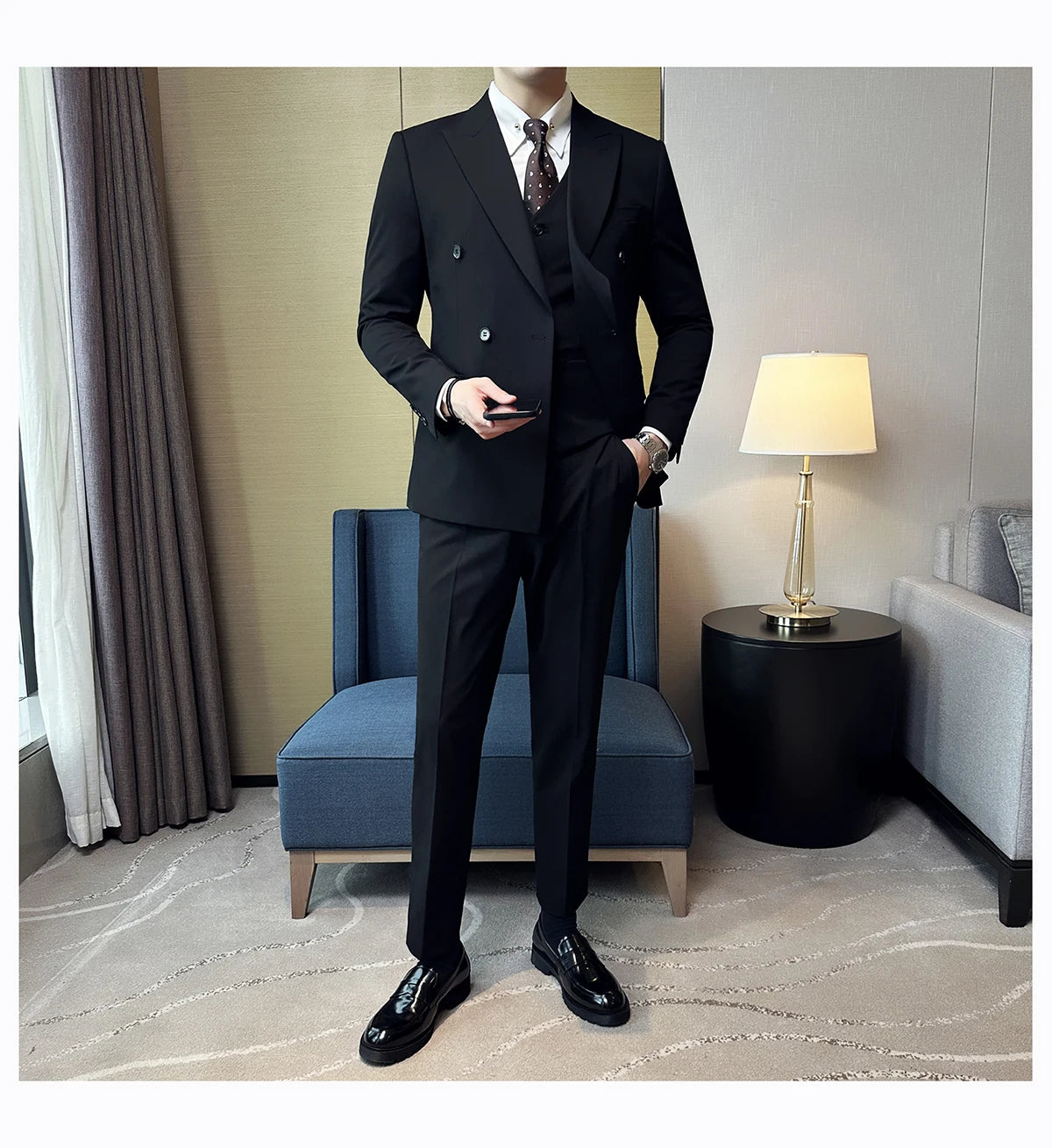 British Style Double Breasted Design Men's Suit Formal Business Slim Fit Casual Suits Sets Men Wedding Party Tuxedo 3 Pieces Set