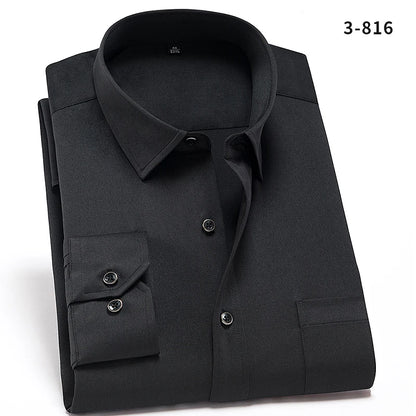 2024 Non-Iron Solid Stretch Shirts for Men Long Sleeve Dress Shirt Men Regular Fit with Front Pocket Soft Easycare Formal Top