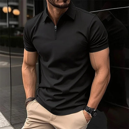 Summer Tiki Men's Business Casual Simple Solid Color Durable Office Small Zipper Lapel Short Sleeve Trend Men's POLO Shirt