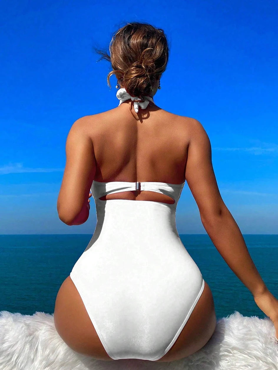 Drawstring One-piece Women Swimsuit 2025 Swimwear Female High Waisted Bikini Bandeau Halter Bathing Suit Swimming for Monokini