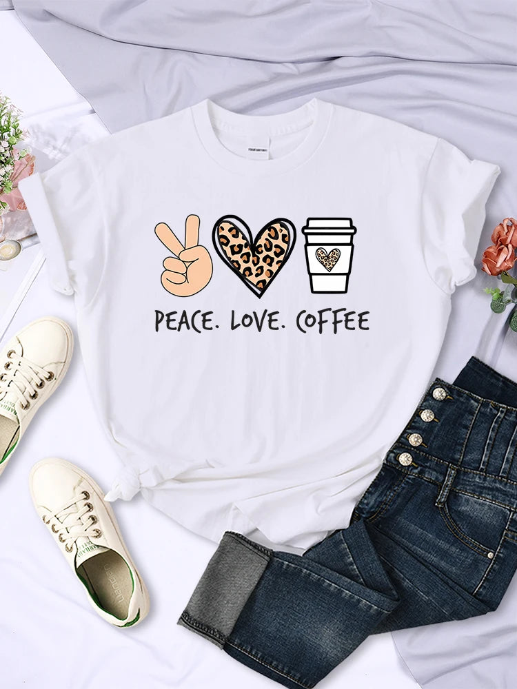 Peace Love Coffee Prints Women Tshirts Cotton High Quality T-Shirts Brand Breathable Tees Shirts Street O-Neck Tshirt For Women