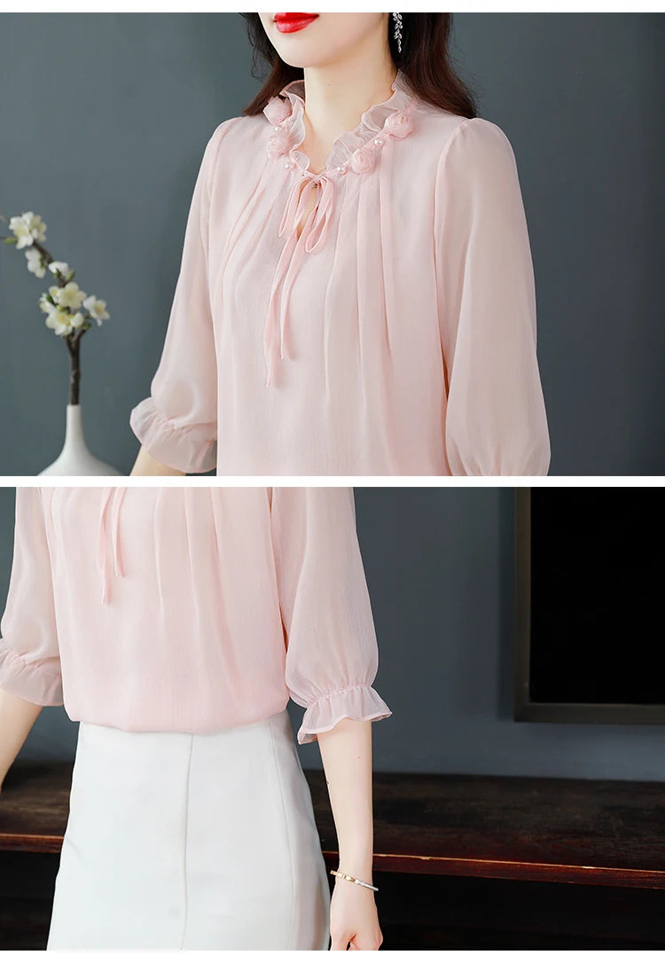 M-4XL Spring Summer Women Tops 2025 New Fashion Chiffon Blouse Petal Collar Half Sleeve Bow tie Loose Casual Shirt