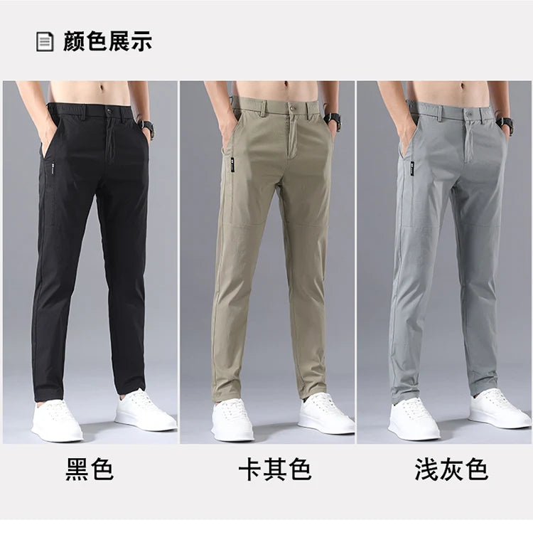 2025 Men's Casual Pants Slim Fit Stretch Classic Chino Trouser Male Stretch Elastic Korean Summer Dress Ice Light Thin Business