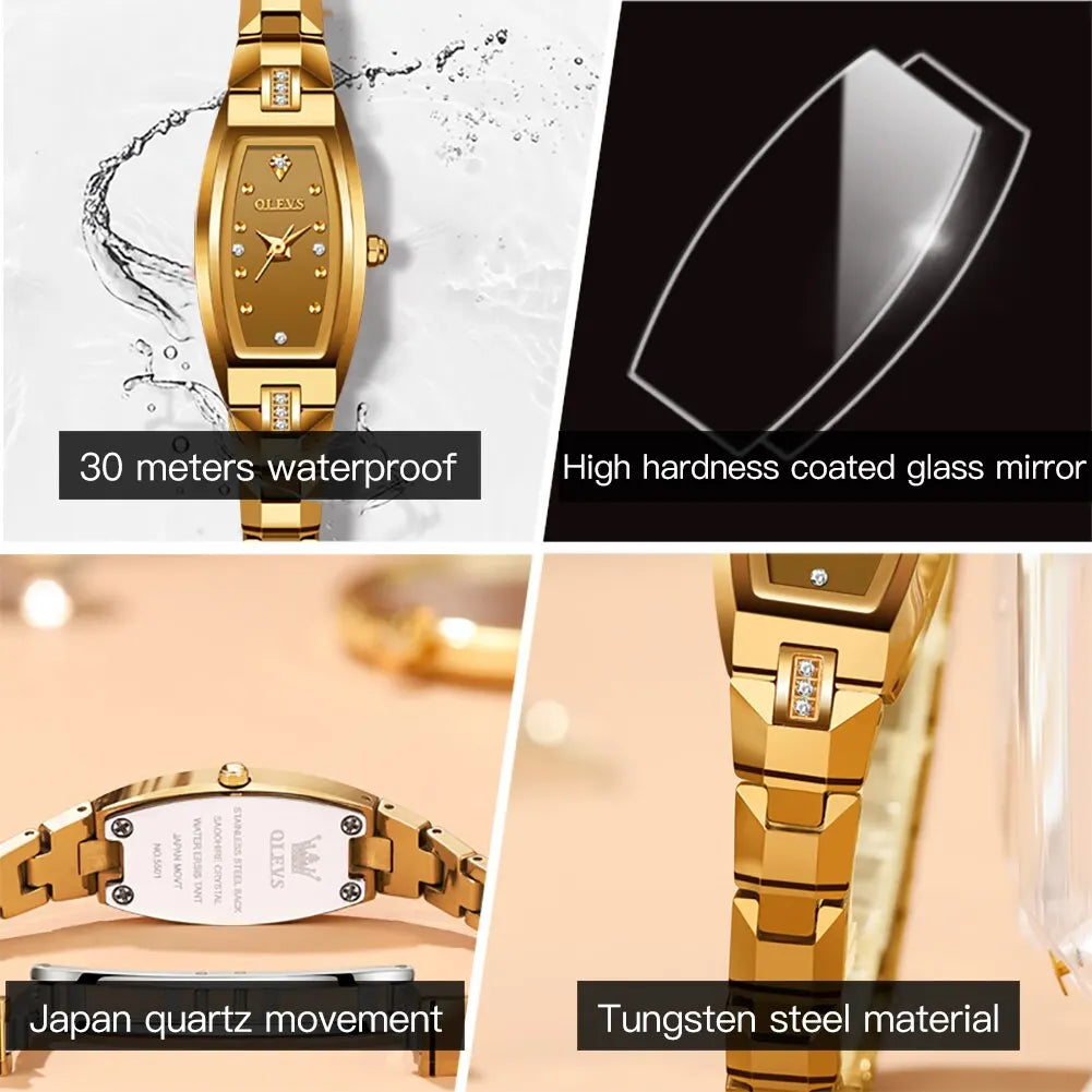 OLEVS Slim Thin Watch for Women Luxury Tungsten Steel Band Tonneau Design Square Shape Elegant Diamond Quartz Ladies Watch