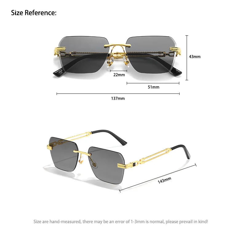 Caterside Rimless Pilot Sunglasses Men Square Metal Frame Women Glasses Travel Party Business UV400 Eyewear Choice for Gifts