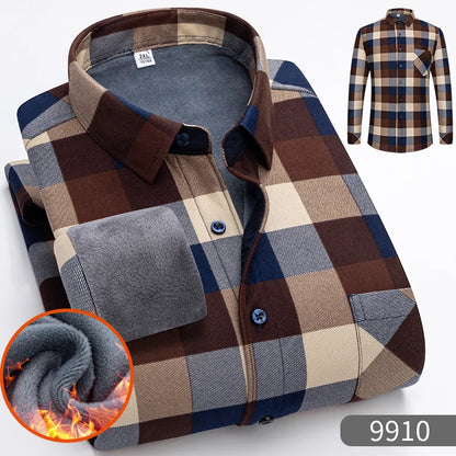 Autumn Winter Thicken Fleece Shirt Men Business Plaid Shirt Long Sleeve Warm Clothes Turn Down Collar Button Up Shirts Classic