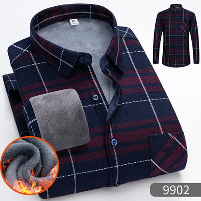 Autumn Winter Thicken Fleece Shirt Men Business Plaid Shirt Long Sleeve Warm Clothes Turn Down Collar Button Up Shirts Classic