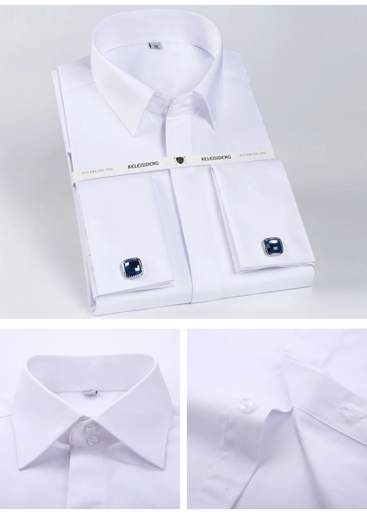 Men's Classic Fly Front Placket French Cuffs Dress Shirt Without Pocket Full Sleeve Standard-fit Banquet Wedding White Shirts