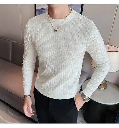 2025 Stretchable Jacquard Woven Winter Crew Neck Sweater Men's Slim Fit Pullover Knitwear Blue, Fashionable Check Pattern